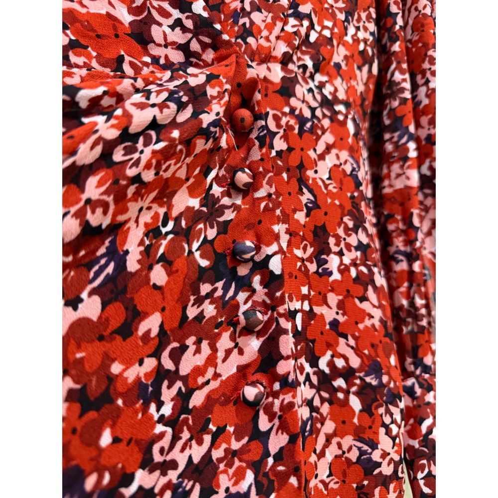 The Kooples Mini Floral Dress Red Medium V-Neck Long Sleeve Button Cuff Feminine - Picture 5 of 11